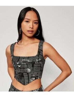 Reformation Raya Style Zine Denim Bustier Crop Top Black Newspaper Print Size 4